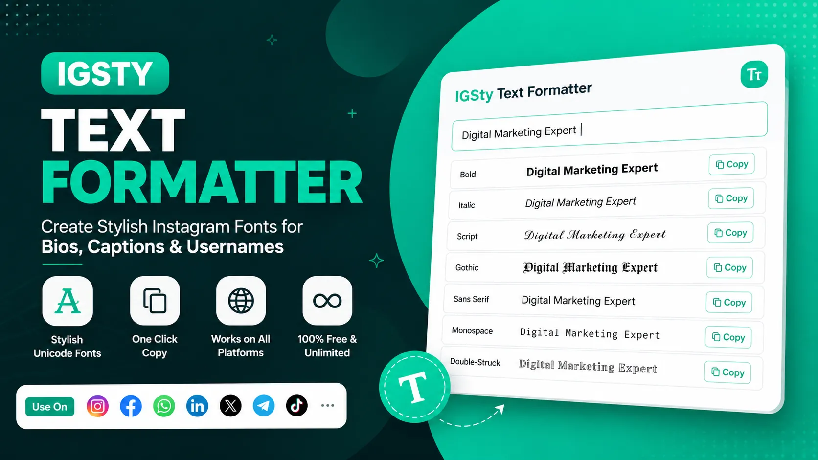 IGsty Text Formatter tool for creating stylish Instagram fonts, Unicode text, and fancy text for bios, captions, and usernames