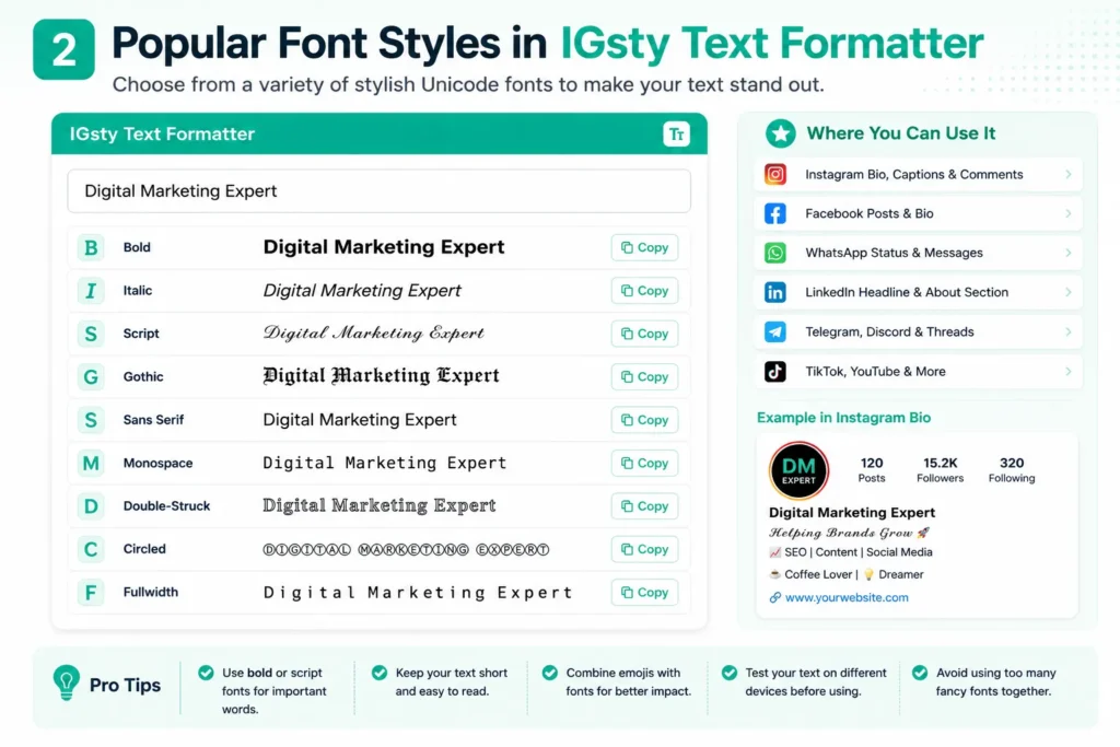 IGsty Text Formatter: The Complete Guide to Creating Stylish Instagram Fonts Popular font styles available in IGsty Text Formatter including bold, italic, script, gothic, sans serif, monospace, and double-struck Unicode fonts