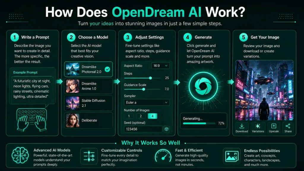 How OpenDream AI works from writing a prompt and choosing a model to generating and reviewing an AI image