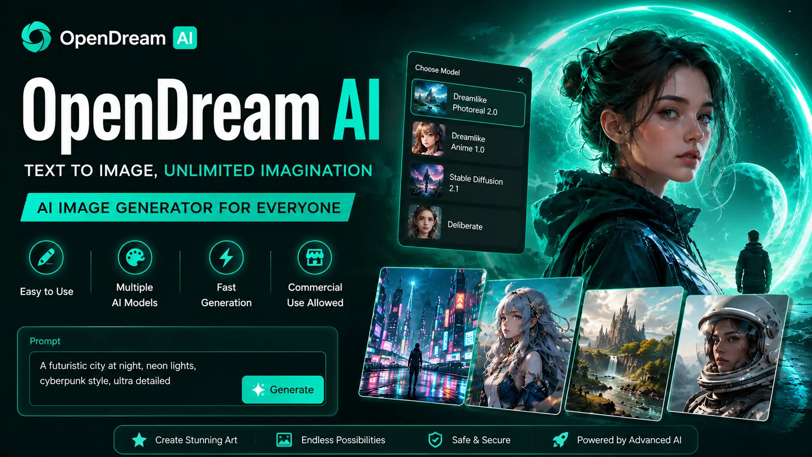 OpenDream AI image generator with AI art models, creative prompts, and generated artwork